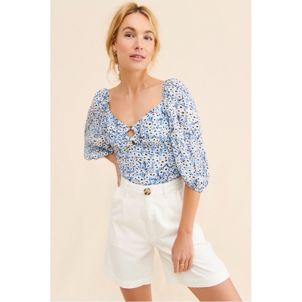 Anthropologie Hutch Cut-Out Puff Sleeve Blouse in Blue & White Floral‎